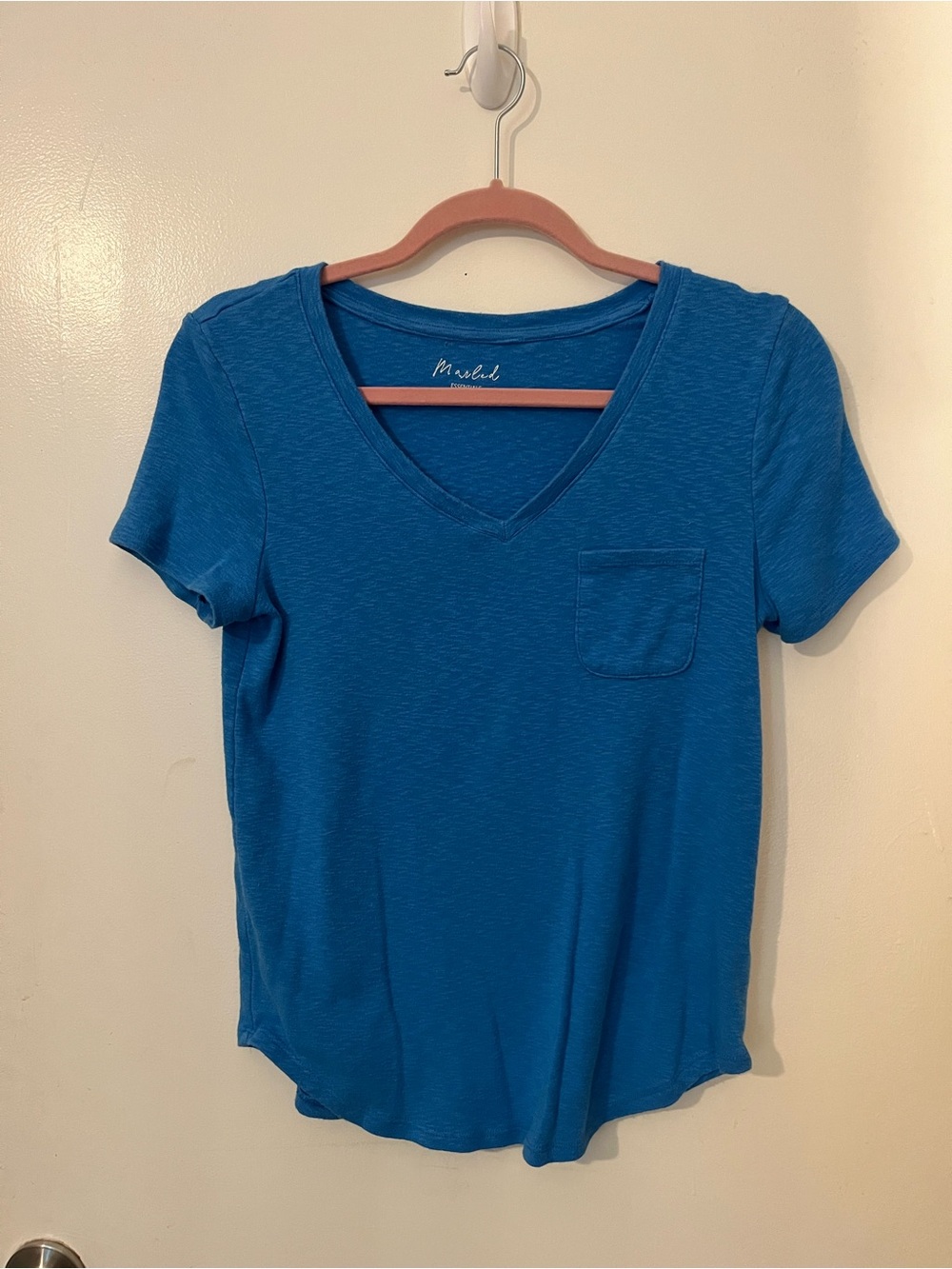 Marled Blue Solid Knit V-Neck Short Sleeve Pocket T-Shirt Women’s Size S